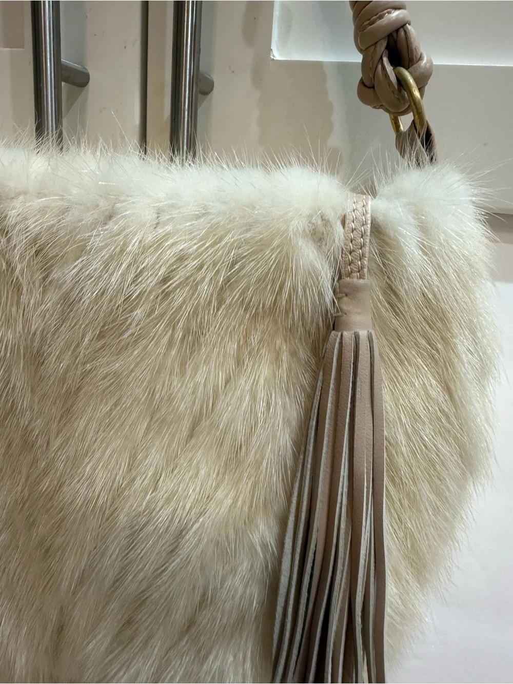 Paolo Masi Faux Fur Shoulder Bag in Beige and Tan with Tassel